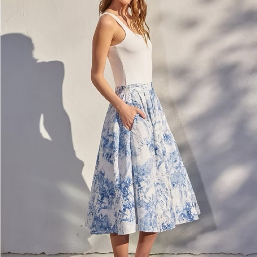 Blue & White Toile Print Midi Skirt - Picture 5 of 6